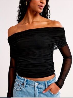 Abercrombie & Fitch Long-Sleeve Off-The-Shoulder Mesh Top. Size Medium.